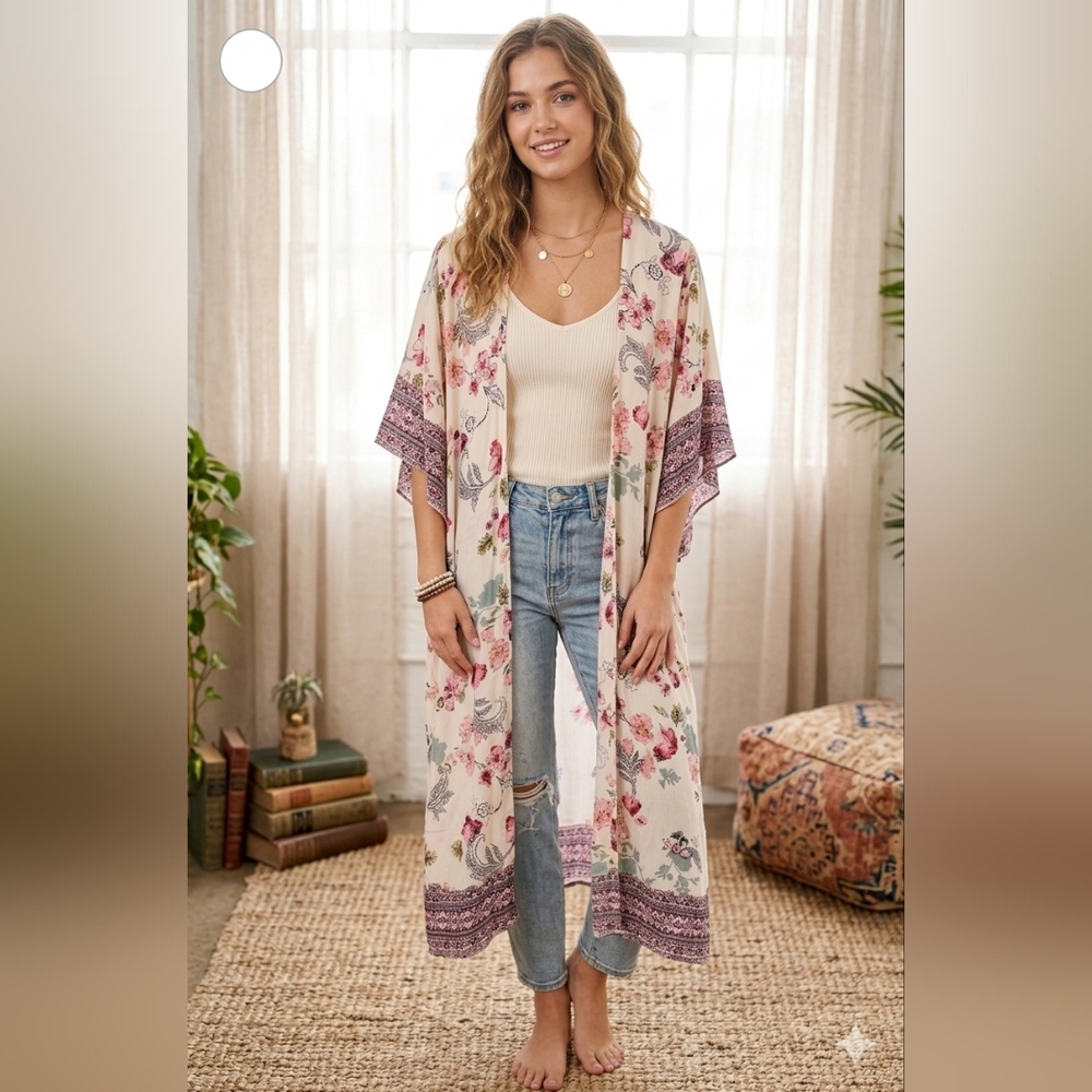 Romantic‎ Gypsy NWT Maternity Kimono Floral Long Tail Prairie Size Medium